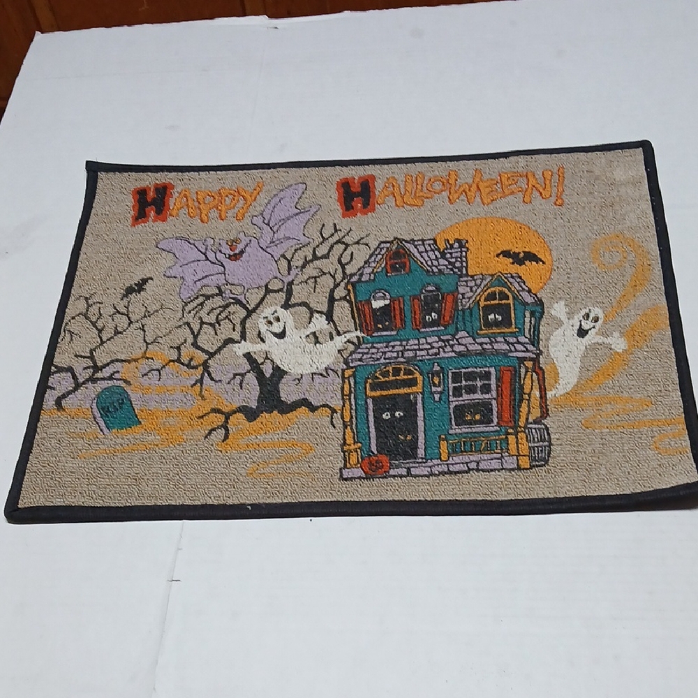 Happy Halloween Vintage Kitsch Cute Door Mat Haunted House Ghosts Bat 24 x 18
